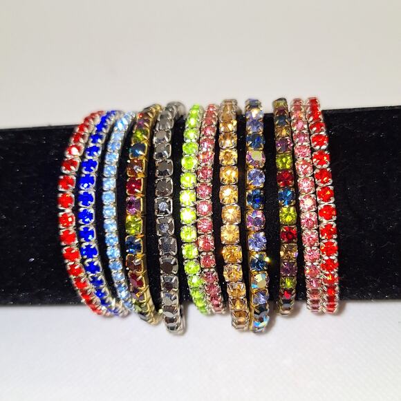 Single Row Stretch Rhinestone Bracelets Set of 12 Assorted Colors - Picture 2 of 4